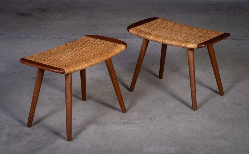 Teak and Woven Stools, Denmark, 1960s, Set of 2