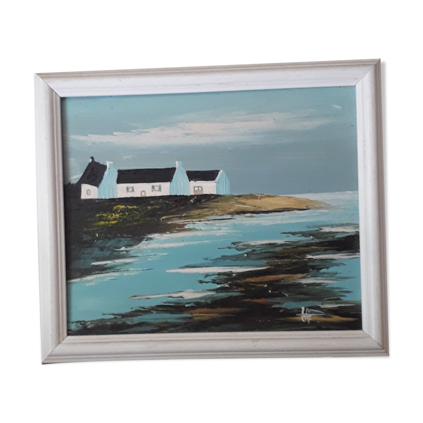 Painting signed oil painting of a seaside landscape
