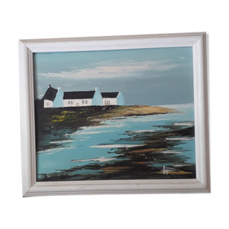 Painting signed oil painting of a seaside landscape