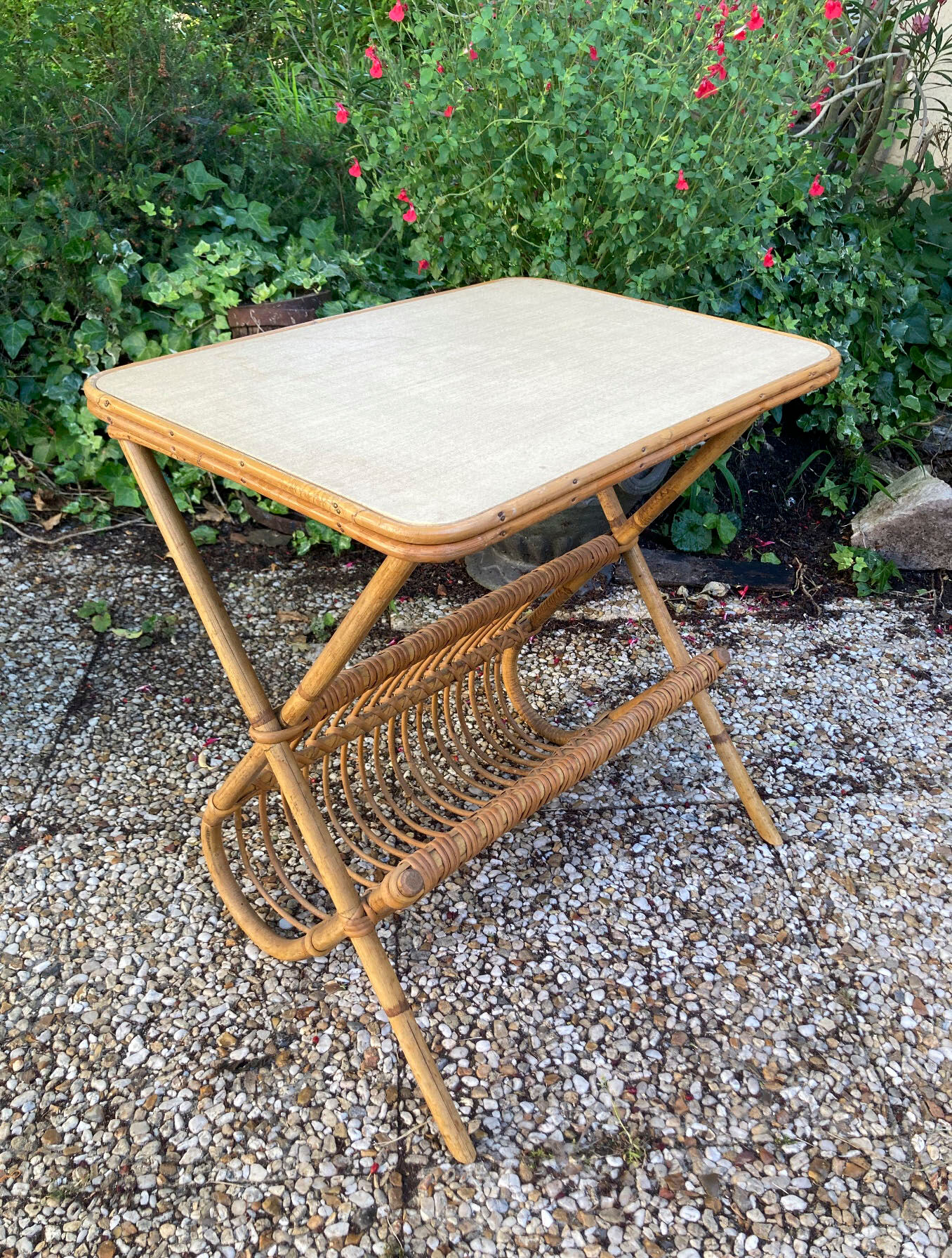 Vintage rattan magazine holder table
