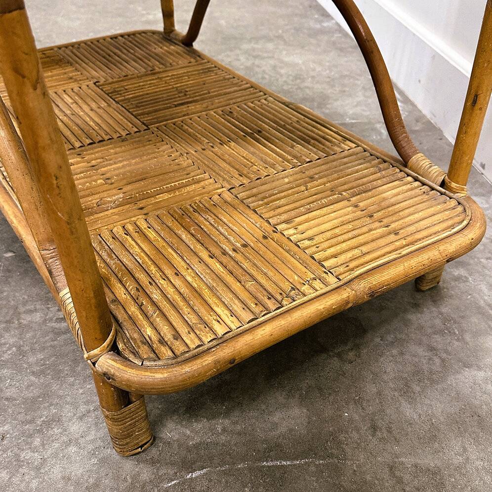 Rare large French Riviera rattan bar cart with bottle holder, 1960s