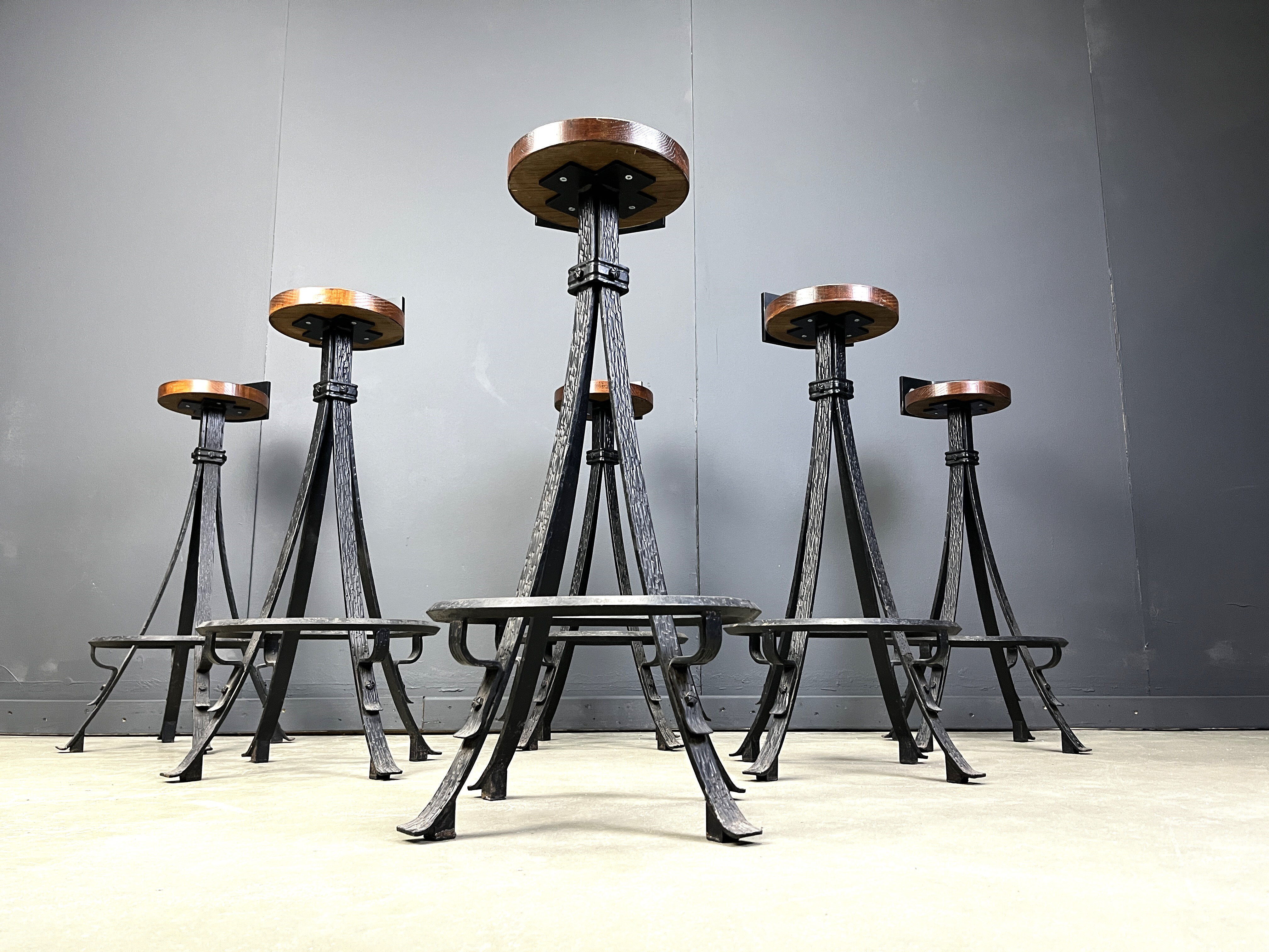 Vintage brutalist wrought iron bar stools, 1960s - set of 6