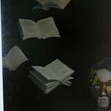 Surrealist painting on panel, “Young Woman with Books”