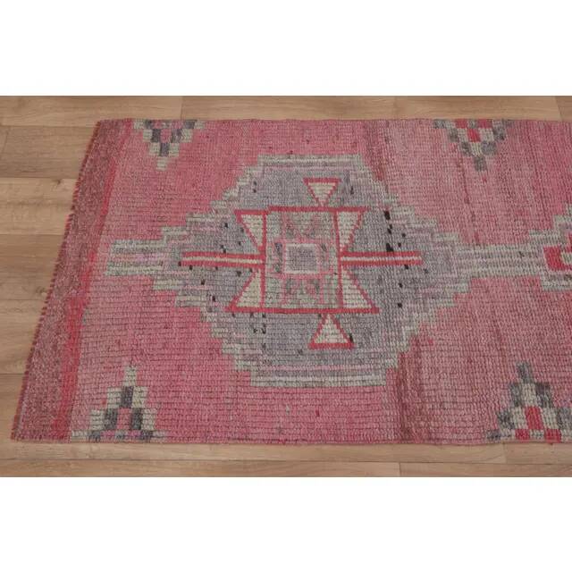 1970s Vintage Turkish Handmade Wool & Cotton Pink Runner Rug 83x307