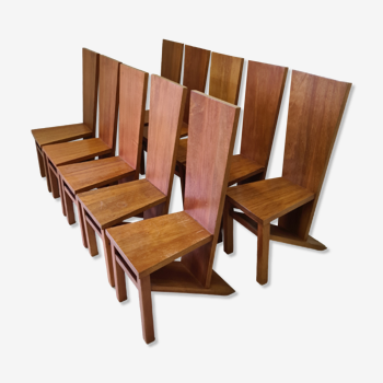 Ensemble de 10 chaises de salle à manger modernistes en chêne massif, Pays-Bas des années 1970