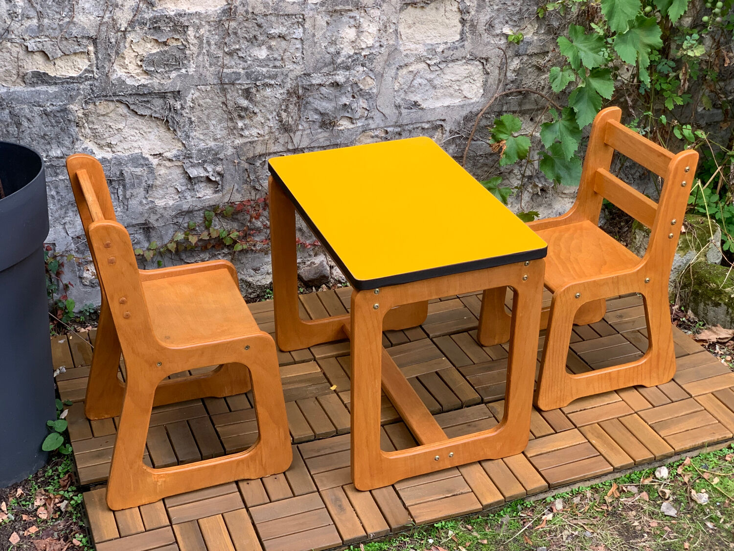 Children's wooden and formica desk and sled chairs 1970