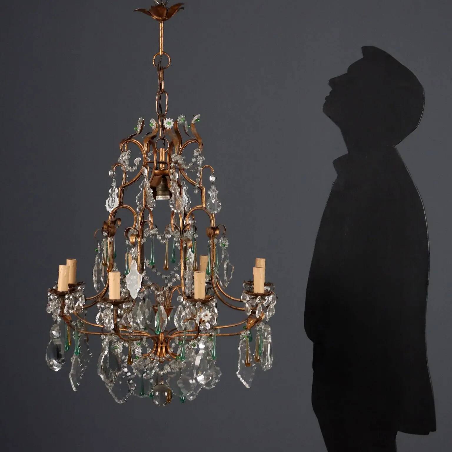 Antique chandelier in gilded iron and glass, Italy, 20th century