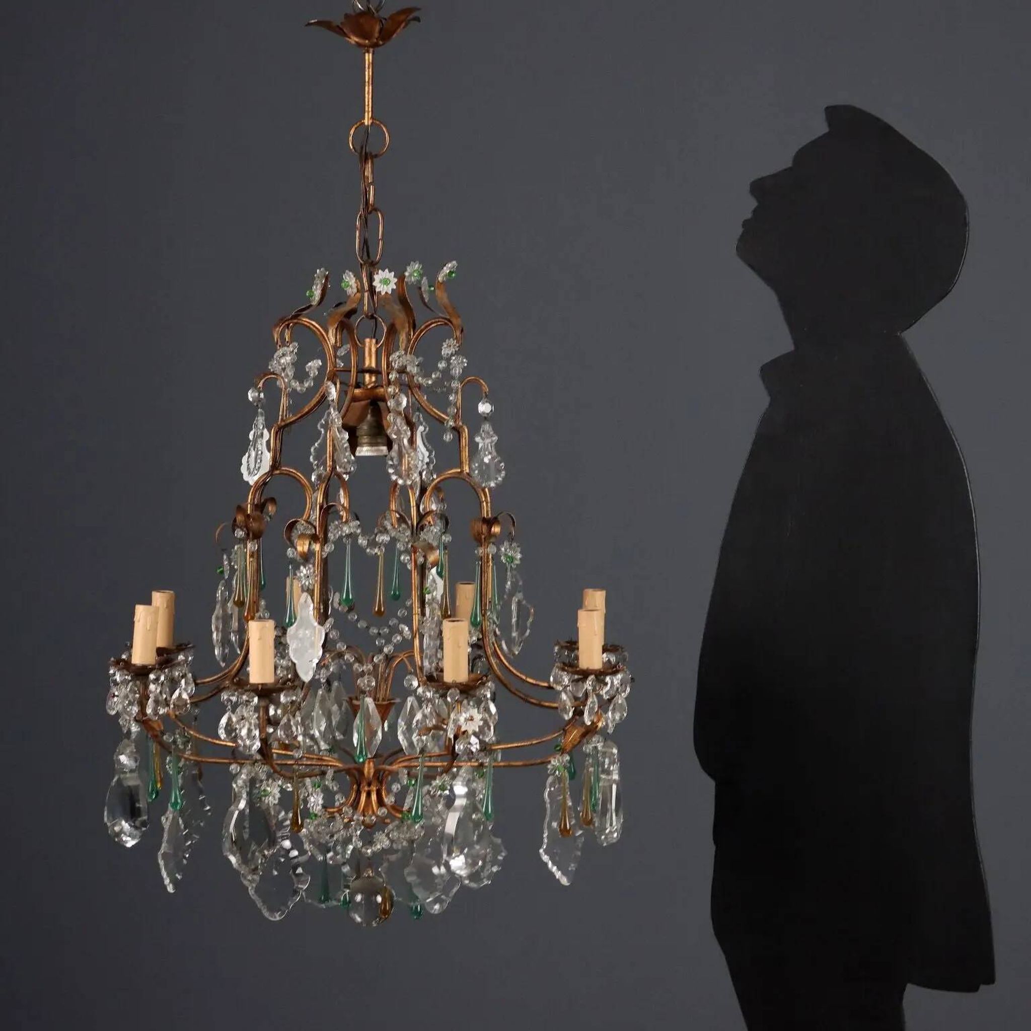 Antique chandelier in gilded iron and glass, Italy, 20th century