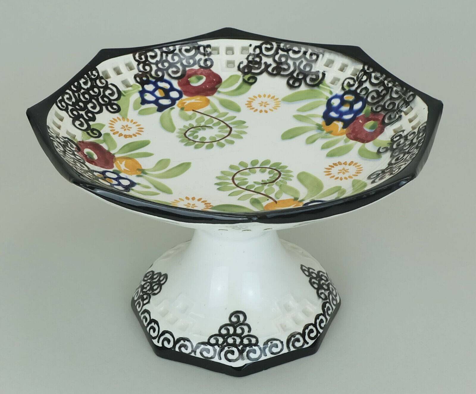 octagonal art deco BOWL footed bowl schramberg majolika 1920s hand-painted decor