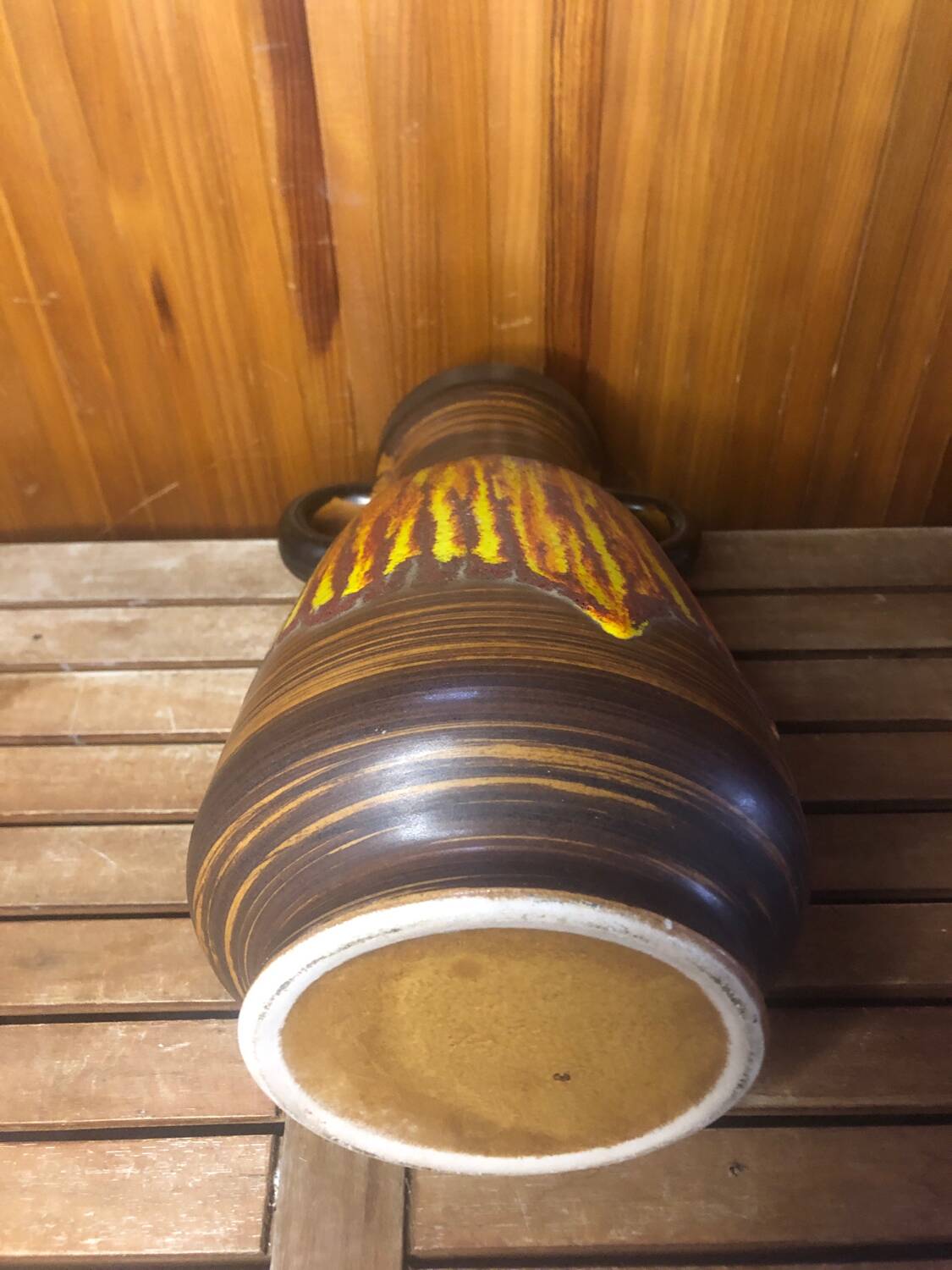 Old Vase With Handles ST CLÉMENT France Ceramic Brown & Orange Vintage #A412