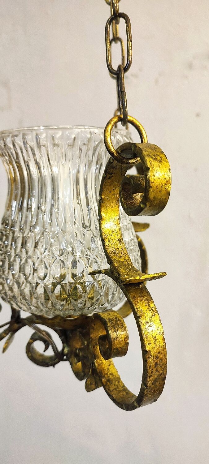 Ceiling lamp wrought iron and glass Spain, 1970s