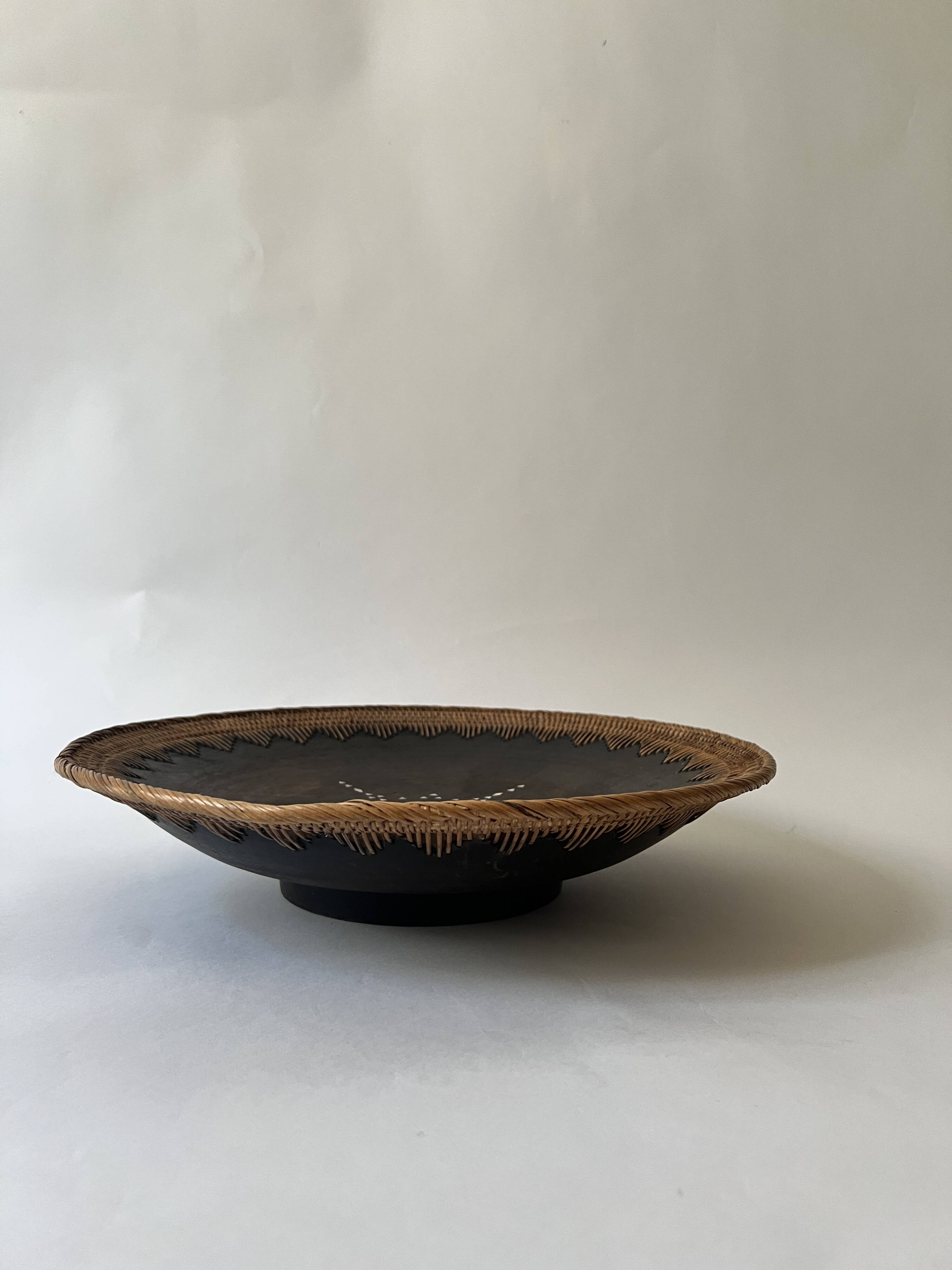 Large basket/trinket tray in blackened wood, wickerwork & mother-of-pearl