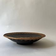 Large basket/trinket tray in blackened wood, wickerwork & mother-of-pearl