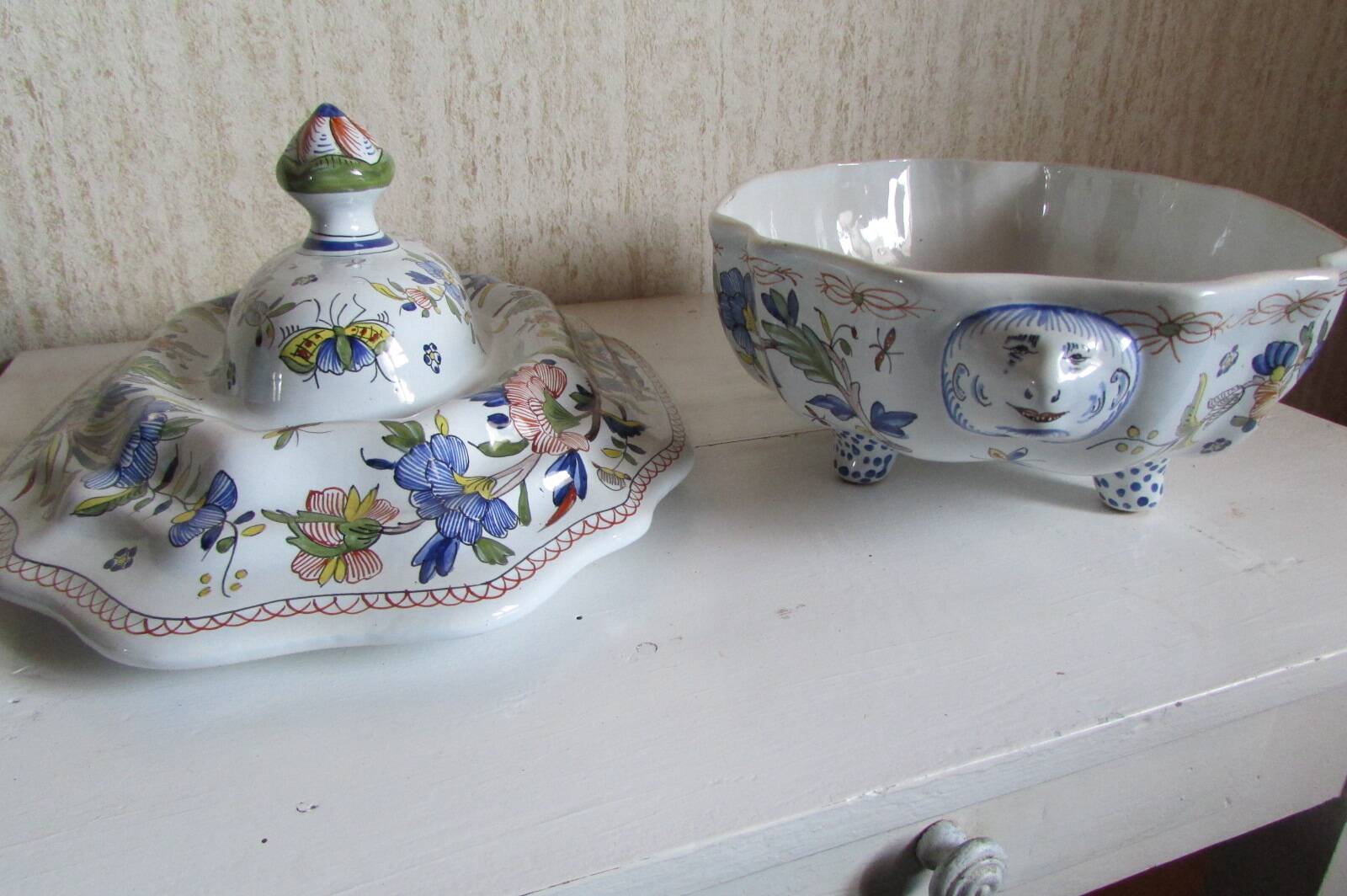 Compotier, soup tureen, vegetable dish in Rouen earthenware