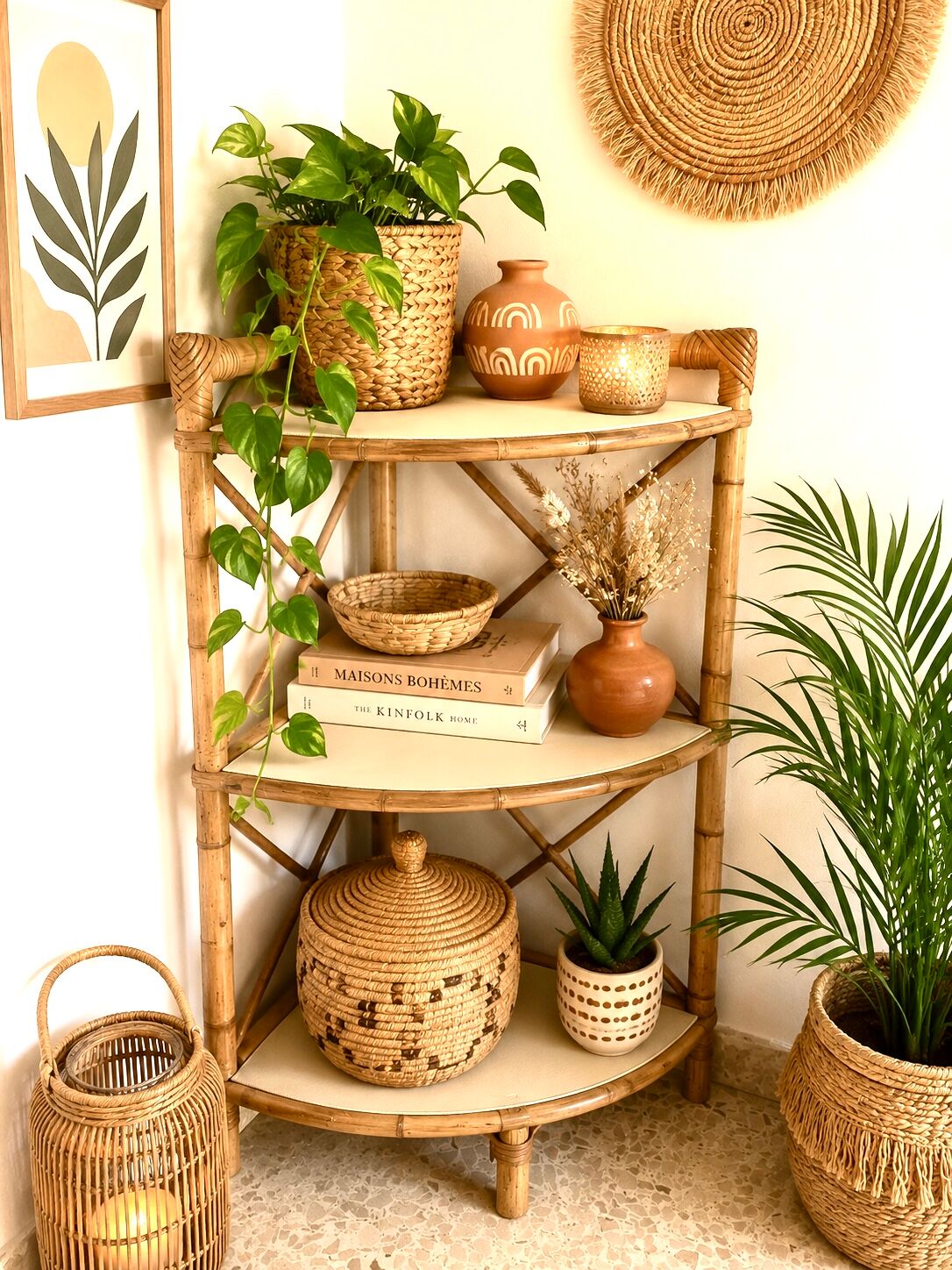 Vintage bamboo corner shelf