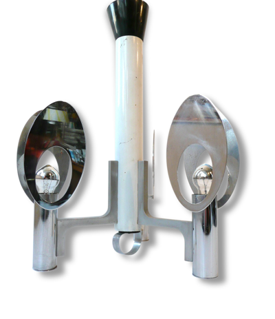 Lampe plafonnier lustre 1970 en chrome et acier laqué blanc vintage seventies space age 70's