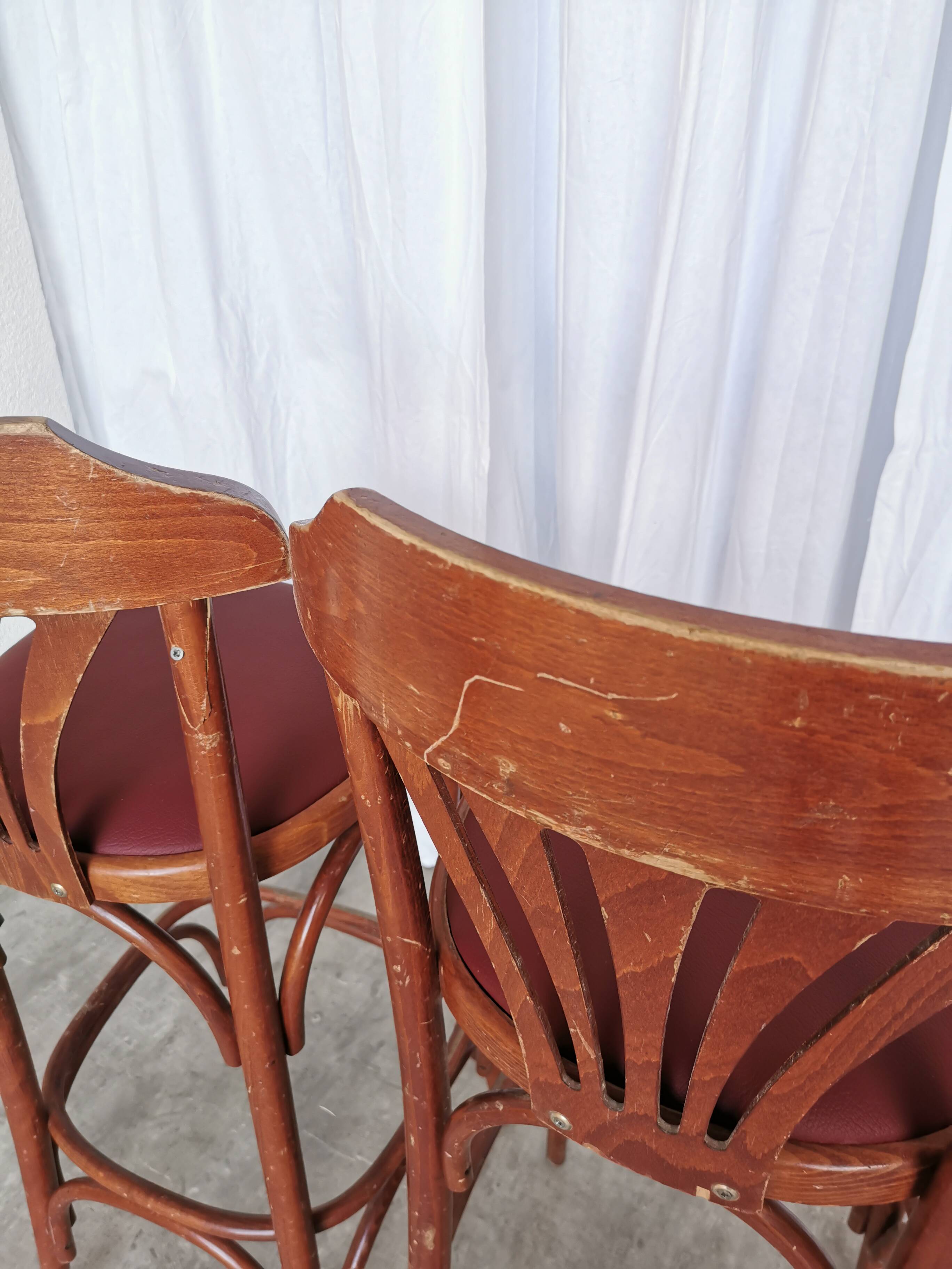 Mid-Century Thonet Style Bar Stools: Red Faux Leather Seat, Set of 2