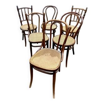 Lot de 6 Chaises bistrot Thonet Fischel restaurant dépareillées dismatch bois courbé