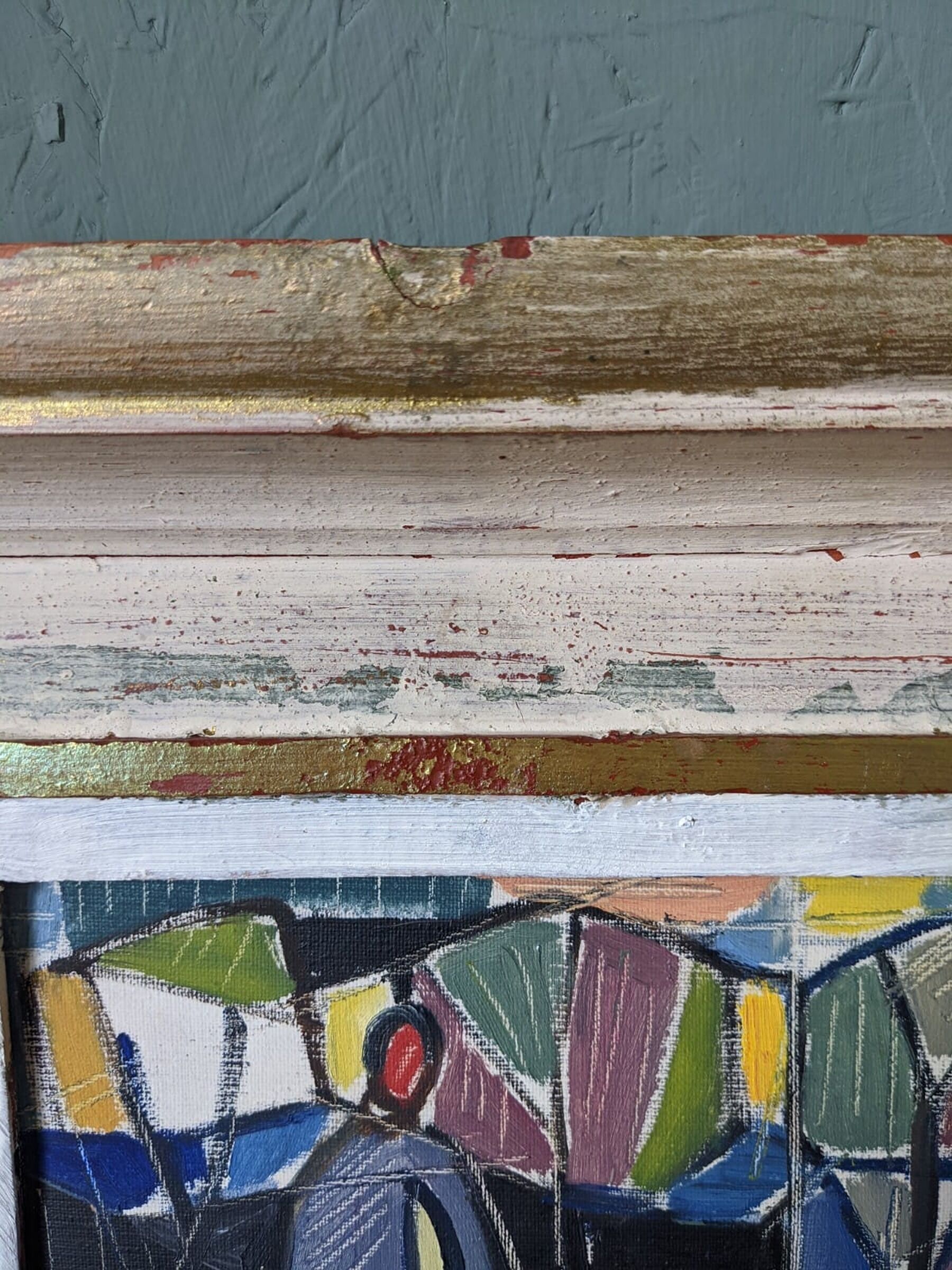 1951 Mid-Century Modern "Figures in Colour" Vintage Geometric Abstract Figurative Oil Painting, Fram