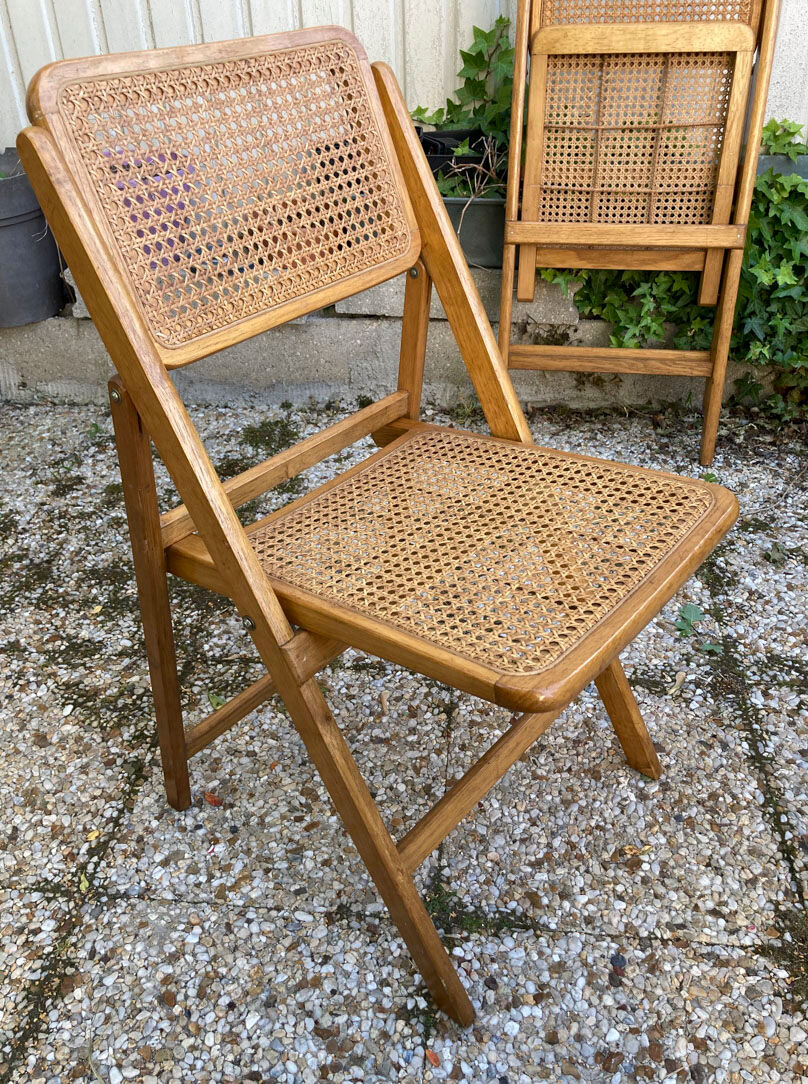 Lot de 3 chaises pliantes en bois et cannage
