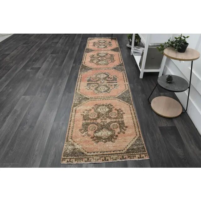 1970s Vintage Turkish Oushak Handmade Wool Cotton Orange Runner Rug 83x358
