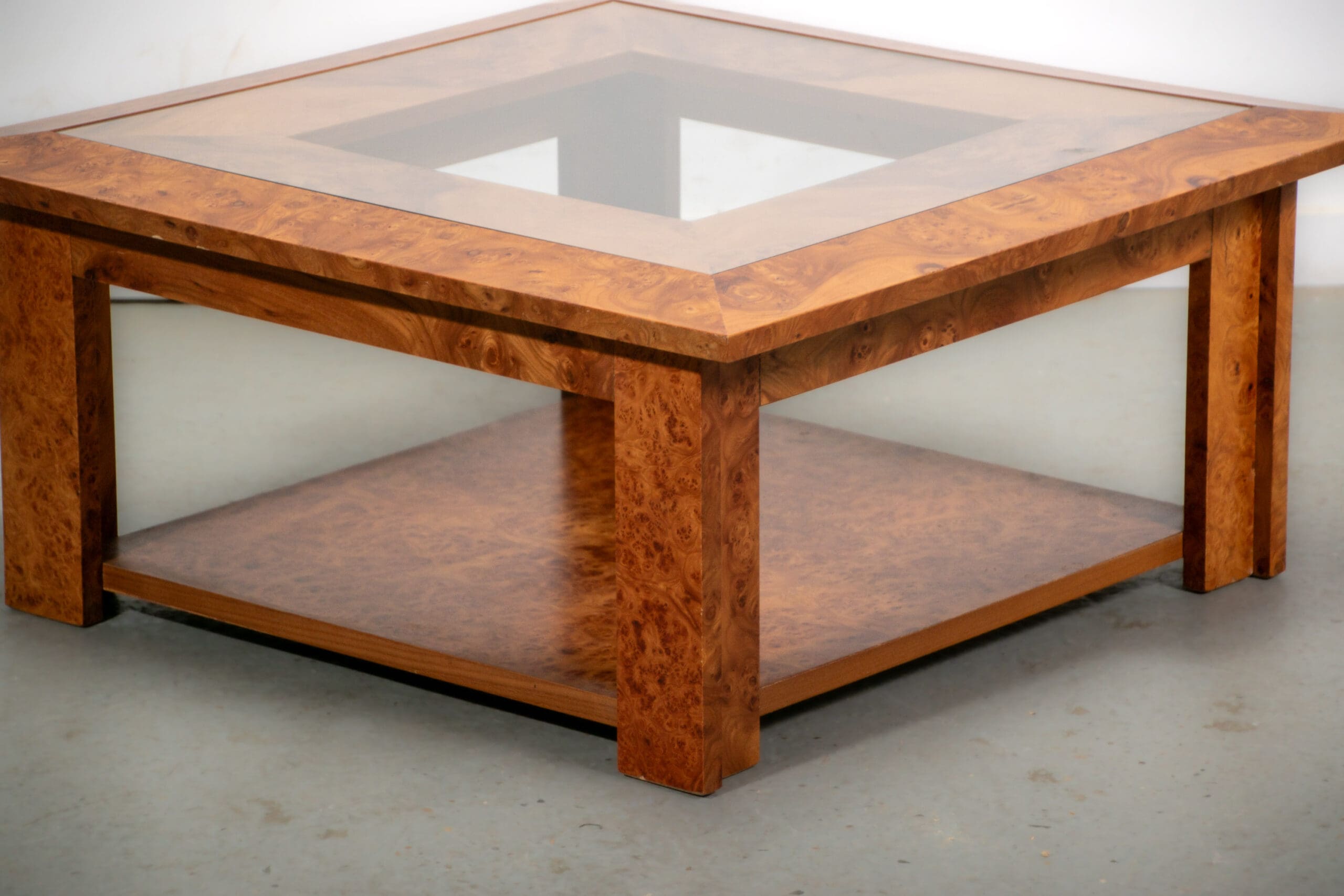 Walnut burl and glass coffee table circa 1980