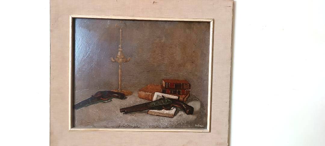 Oil painting on faesite books and lamp - signed 70s