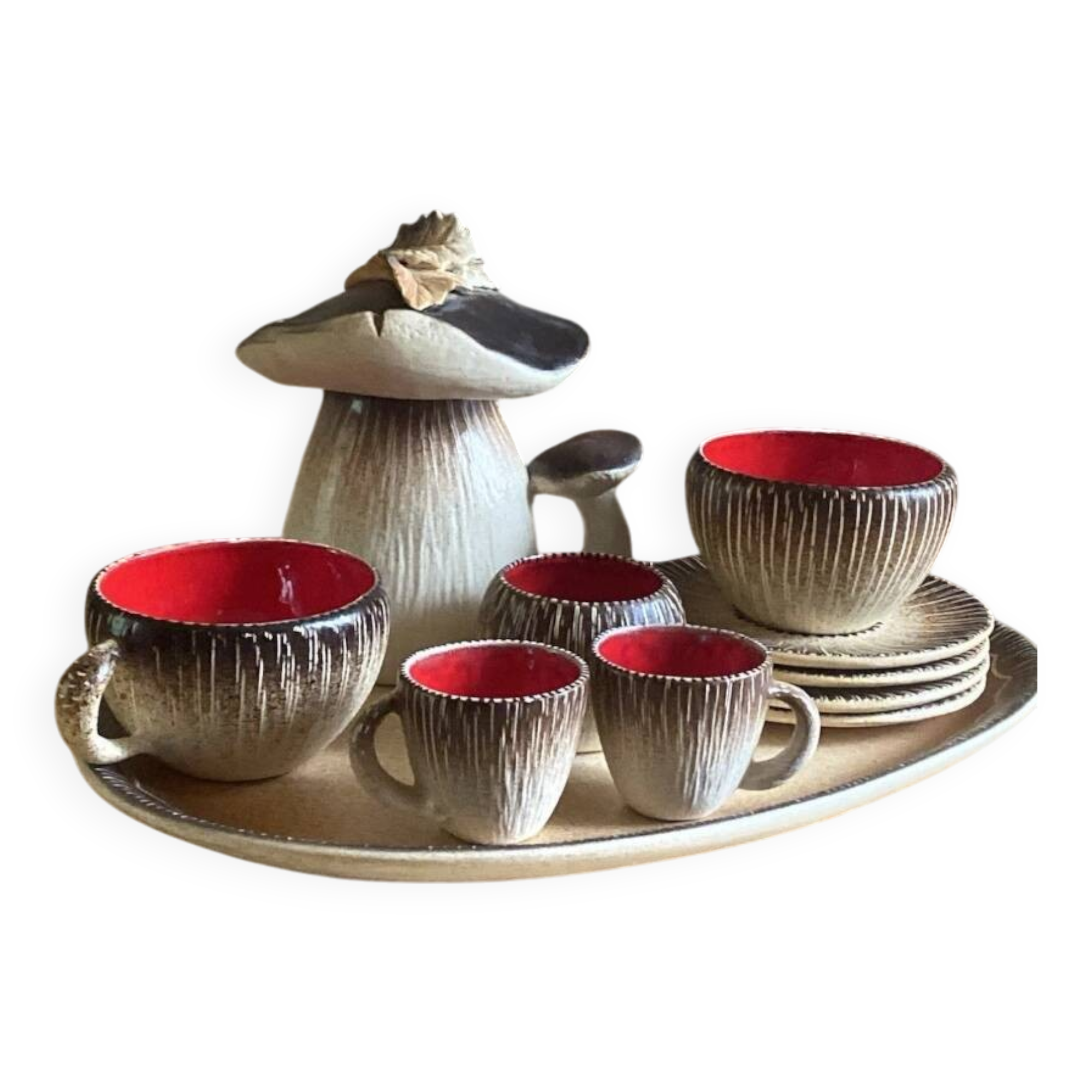 Mushroom-shaped earthenware service by Bruno Dose, vintage 1960s