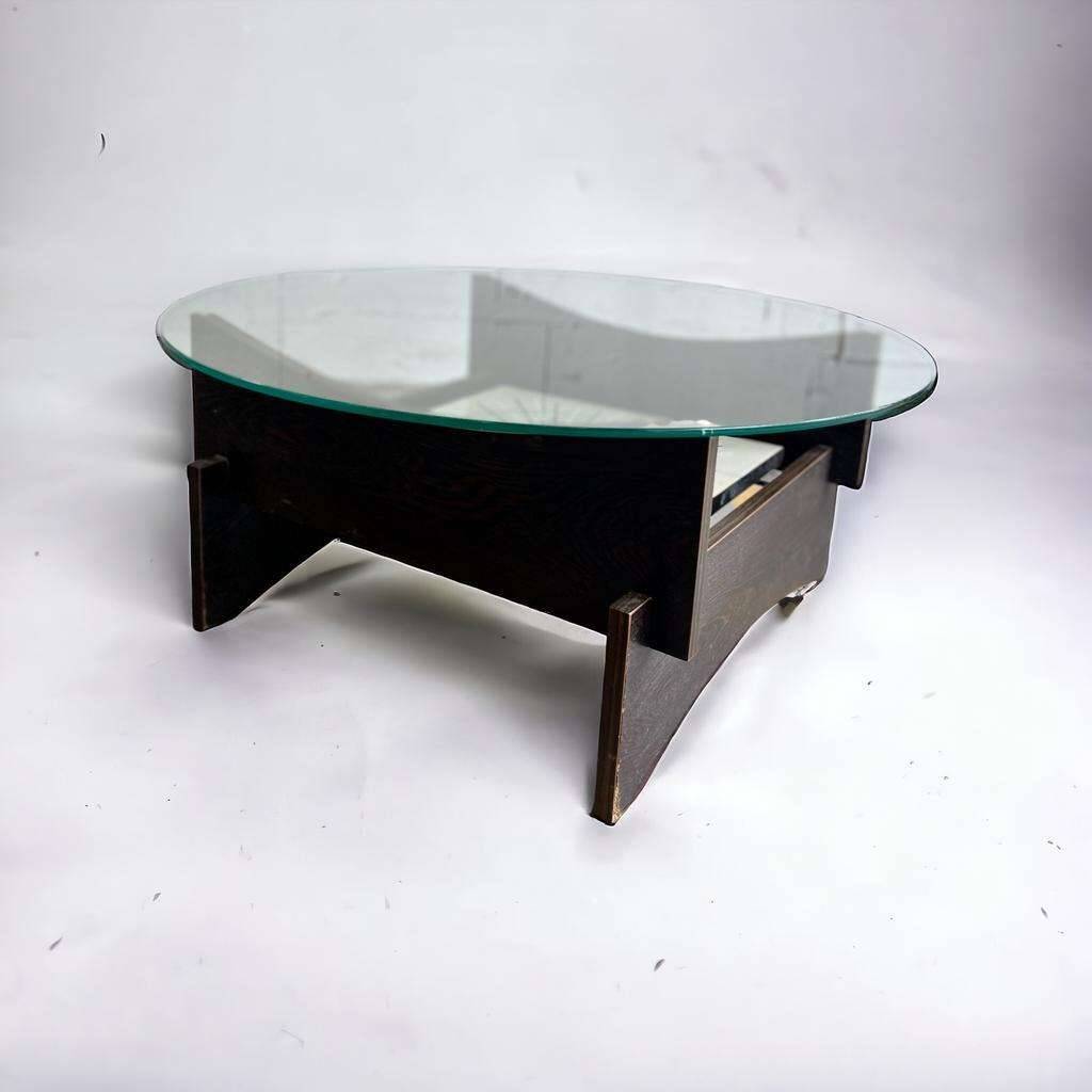 Vintage round coffee table with glass, wood and tiles