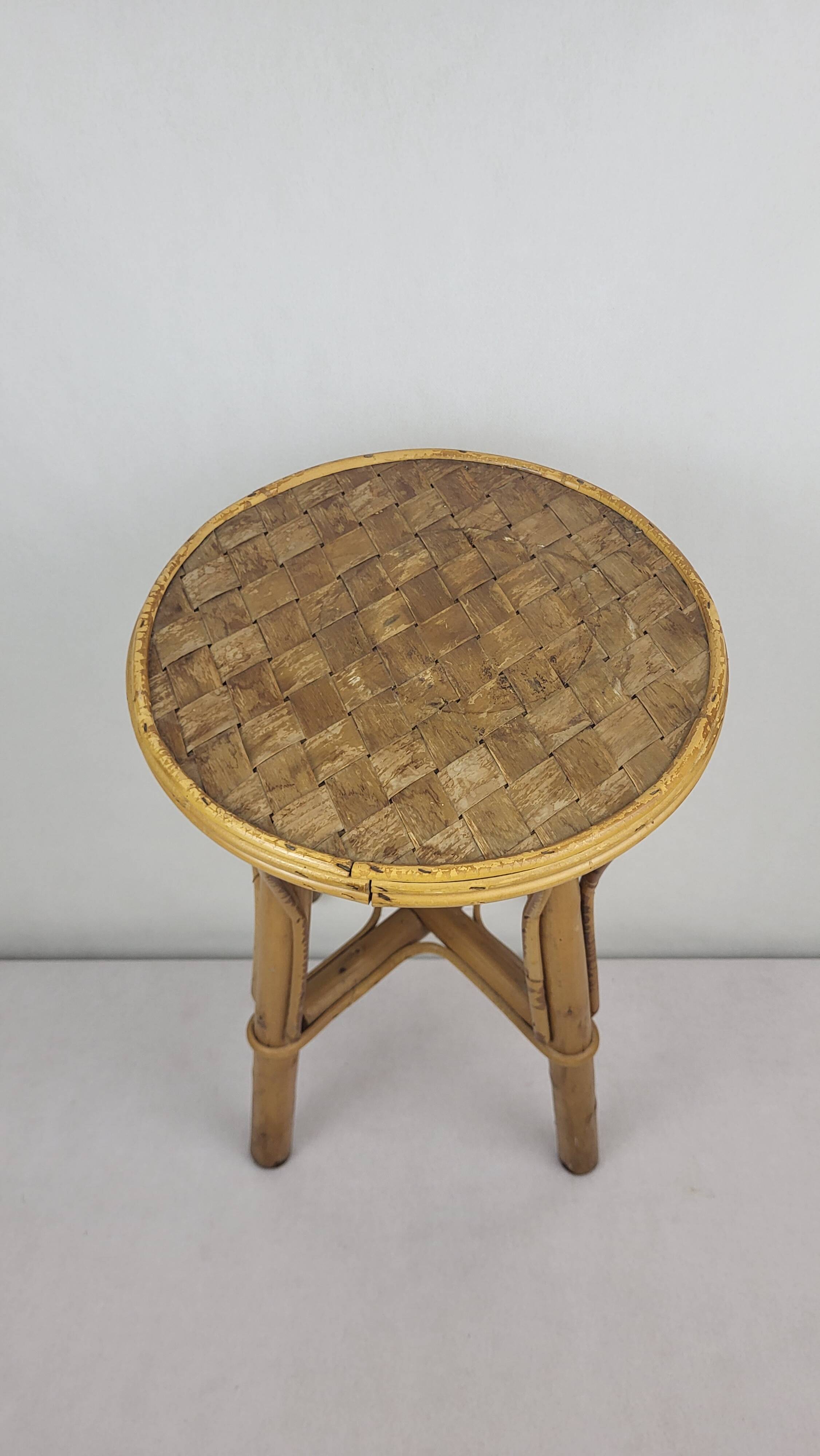 Vintage 1970s rattan stool / pedestal table