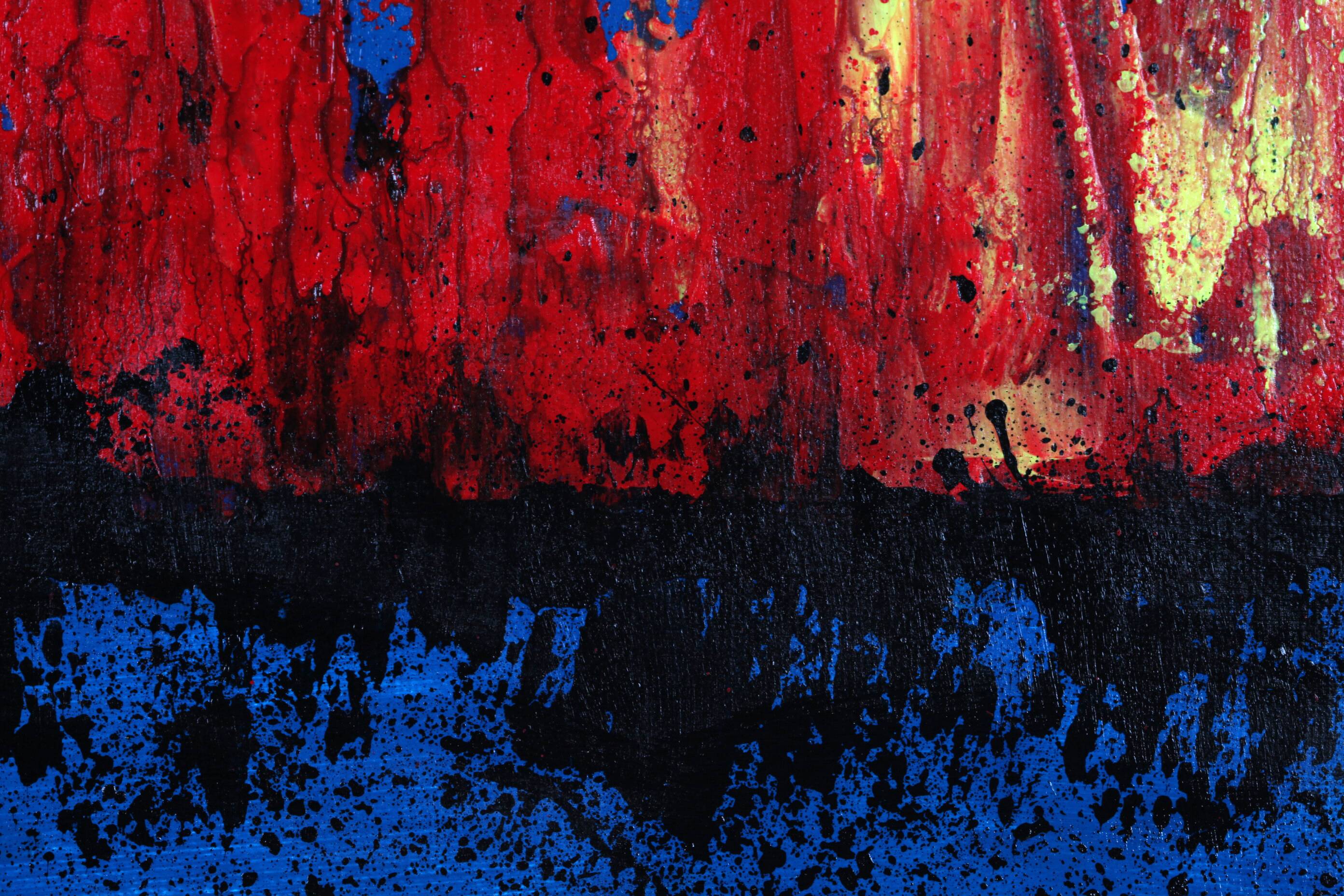 Contemporary abstract artwork in blue, red,black, yelow on stretched canvas