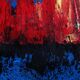 Contemporary abstract artwork in blue, red,black, yelow on stretched canvas