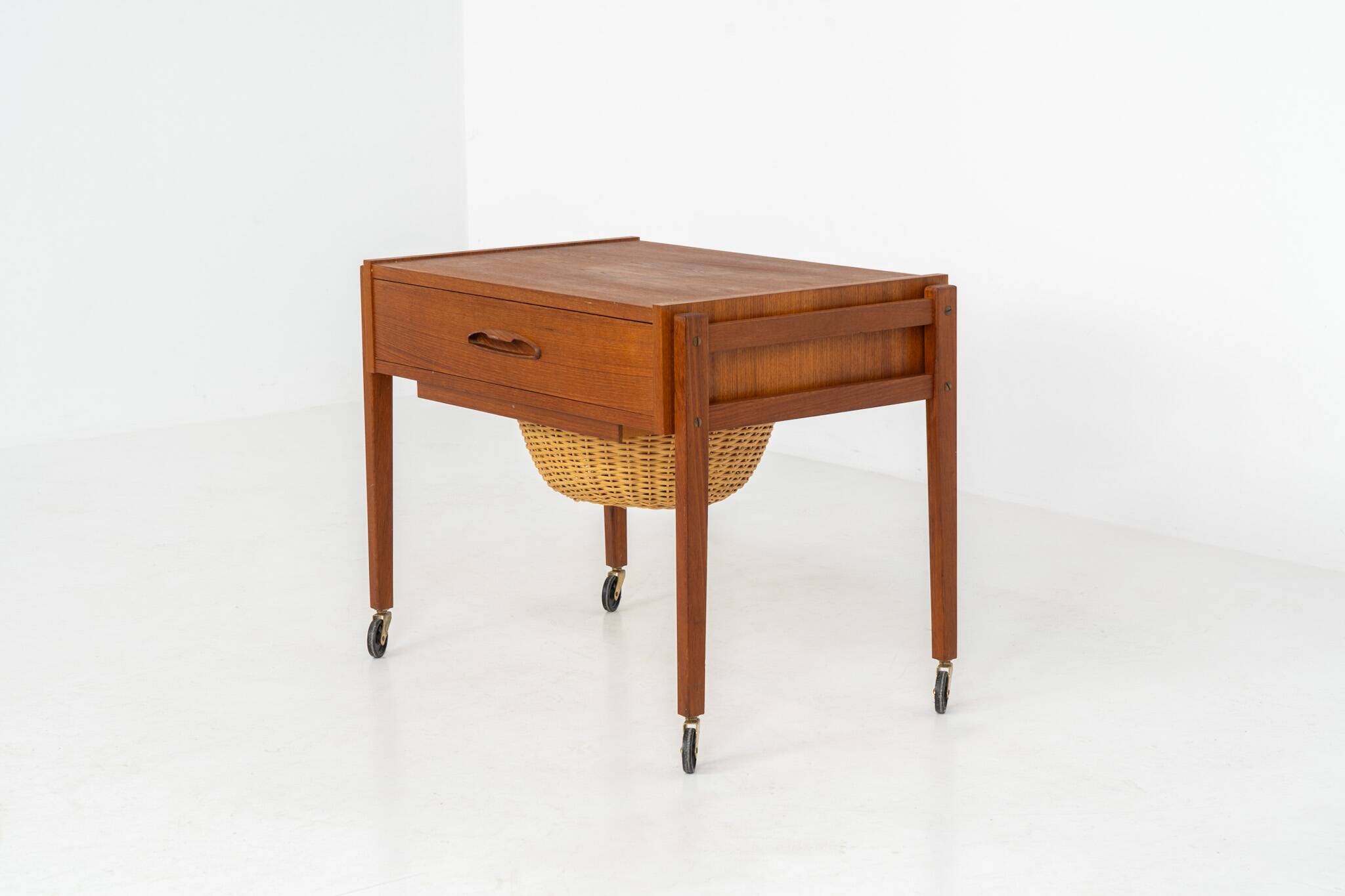 Teak sewing trolley / side table on castors
