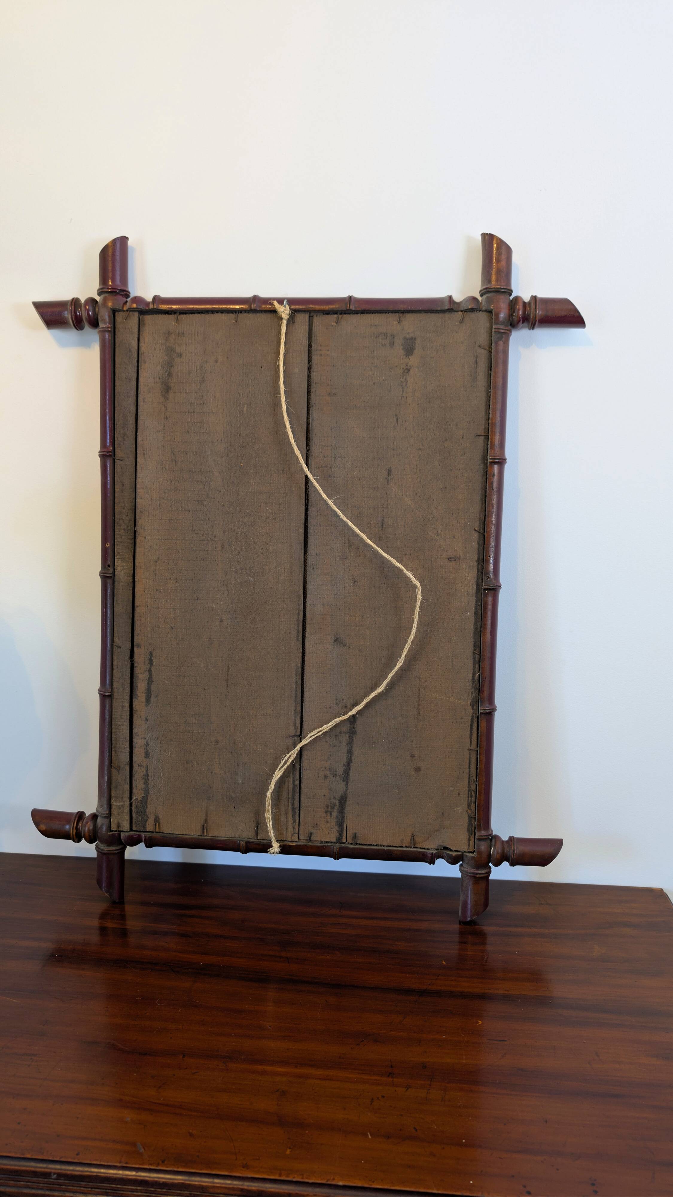 Vintage mirror with a bamboo effect in burgundy, chic exotic style - 79 x 64 cm