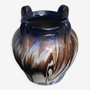 Vase amphore en terre mêlée, nuances de bleu, beige et blanc, poterie, vintage