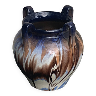 Vase amphore en terre mêlée, nuances de bleu, beige et blanc, poterie, vintage
