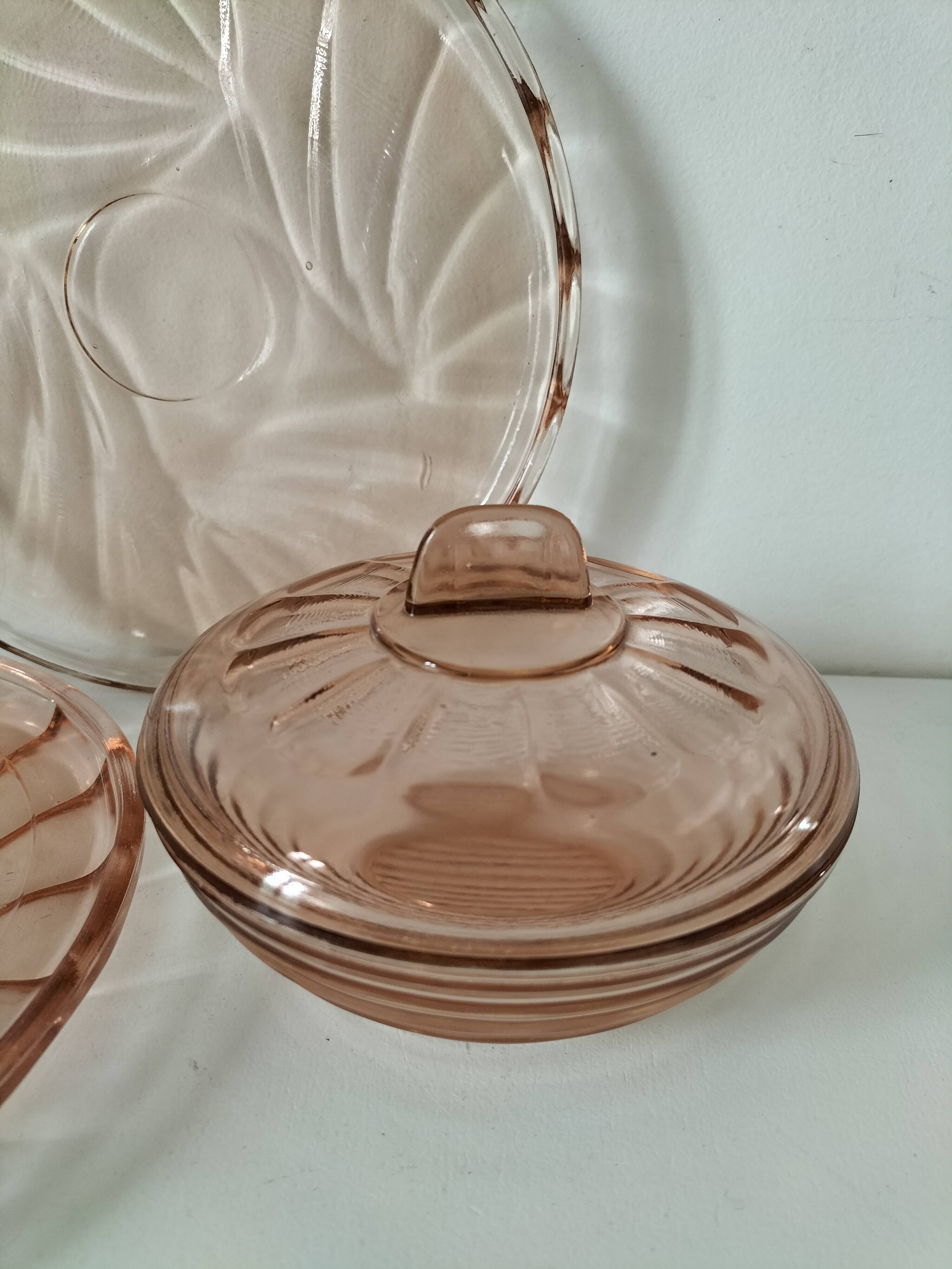 Orange-pink pressed glass trio