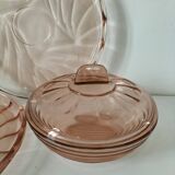 Orange-pink pressed glass trio