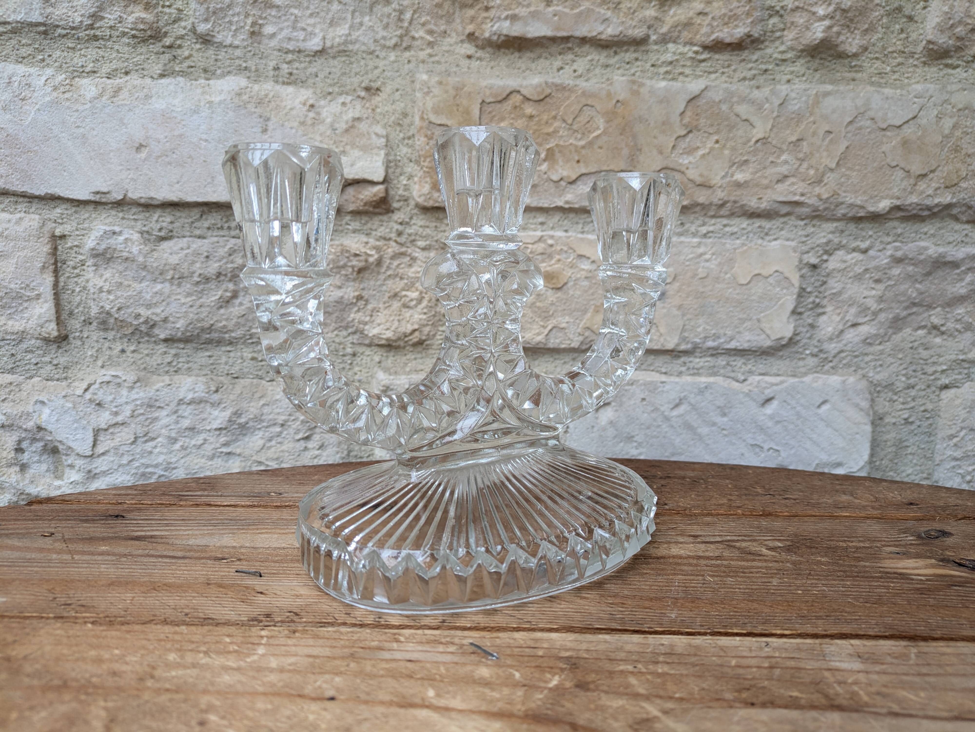 Antique molded glass candle holder for 3 taper candles