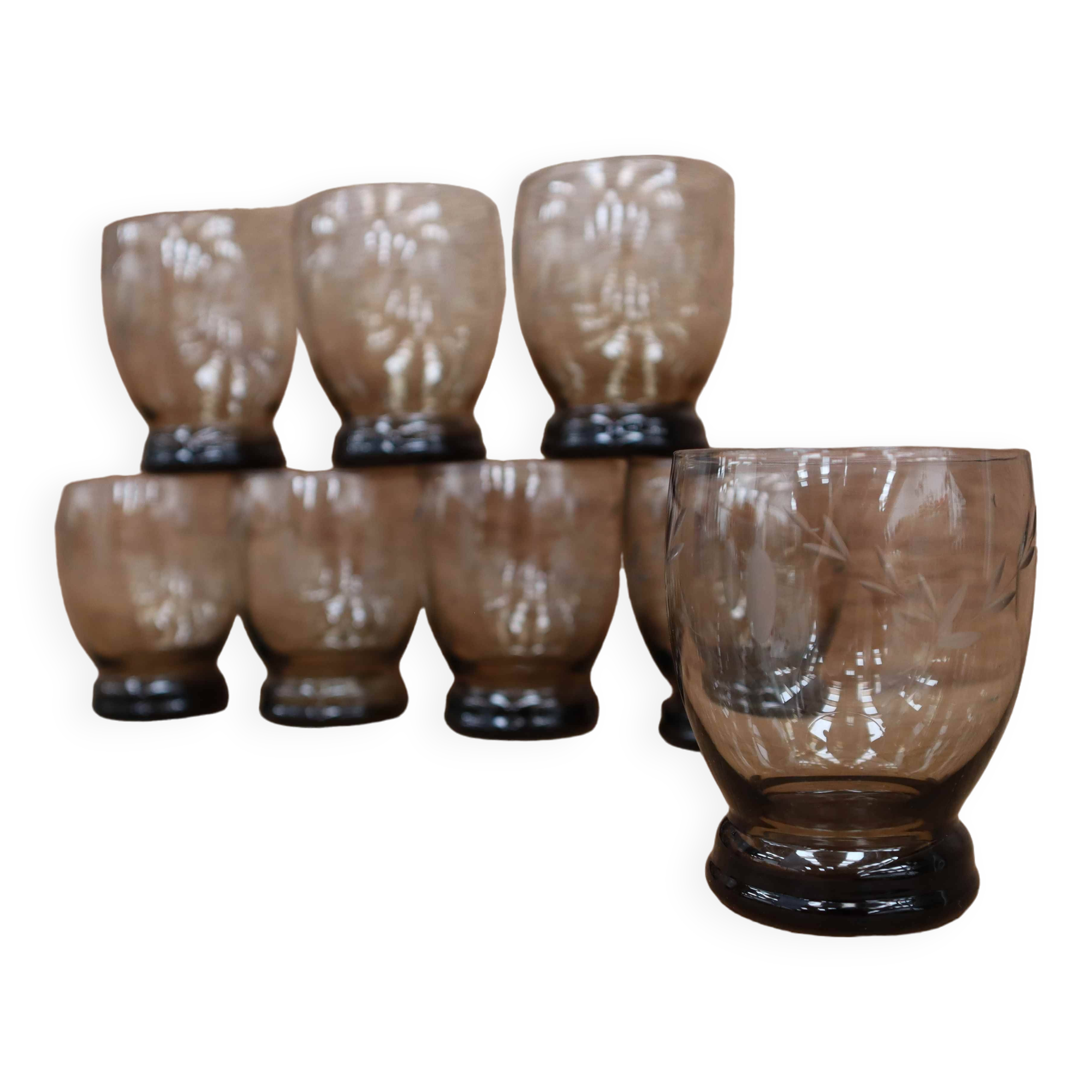 Set of 8 vintage transparent brown wheat ear chiseled glasses