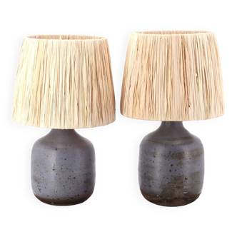 Pair of purple ceramic lamps, raffia lampshade