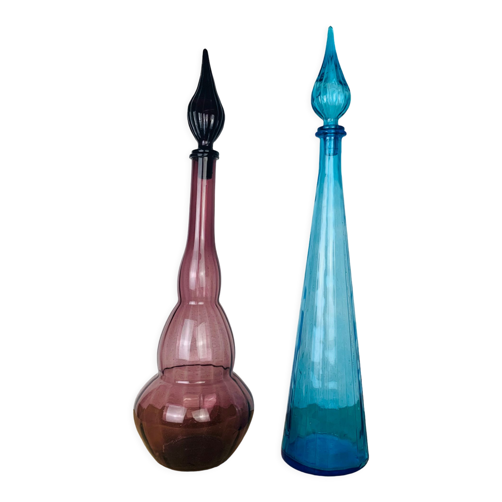 2 carafes Empoli italiennes 66 cm verre soufflé bouche