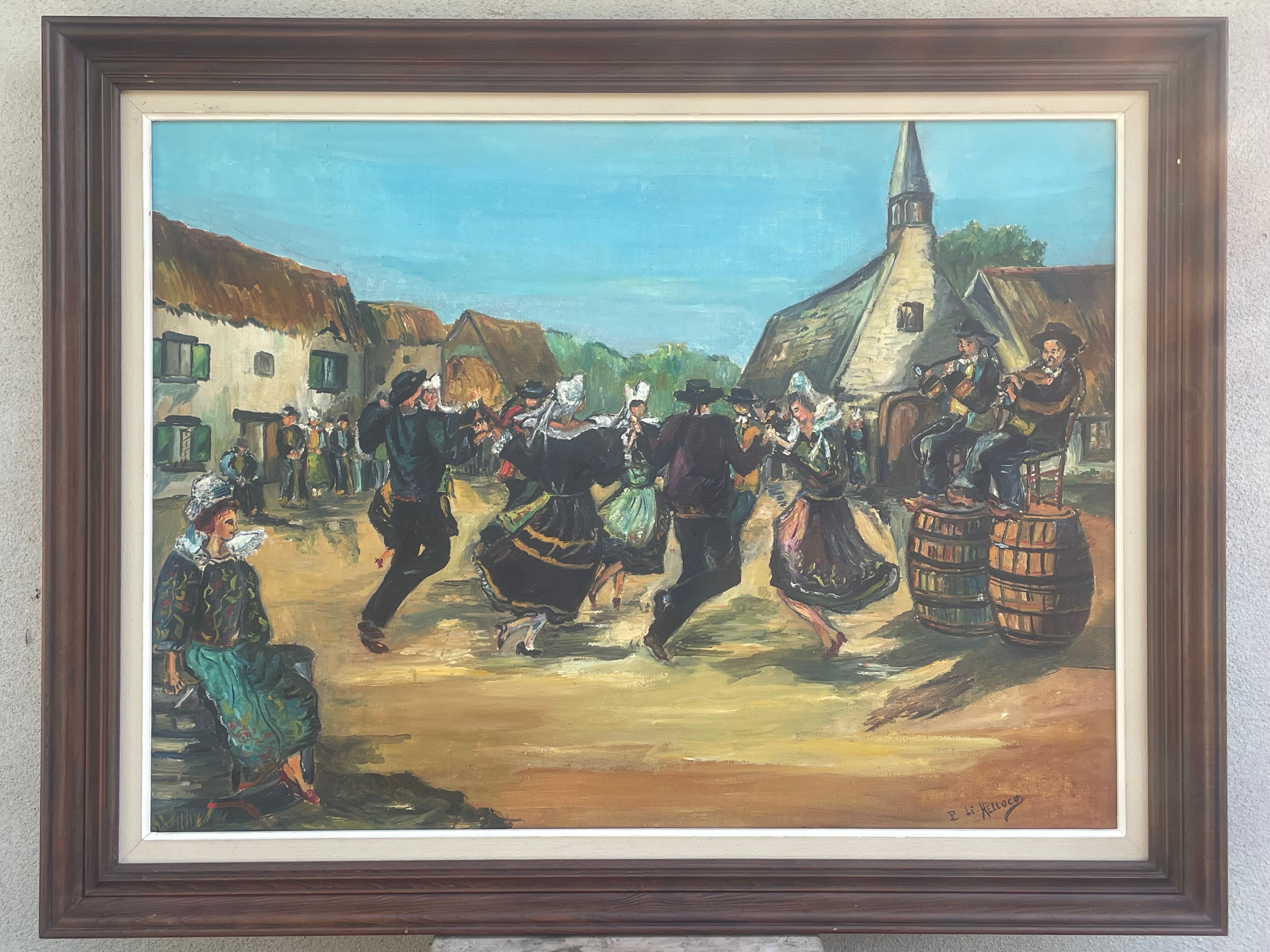 Oil on canvas, Breton scene, Breton village, signed Le Hellocq, Pont Aven