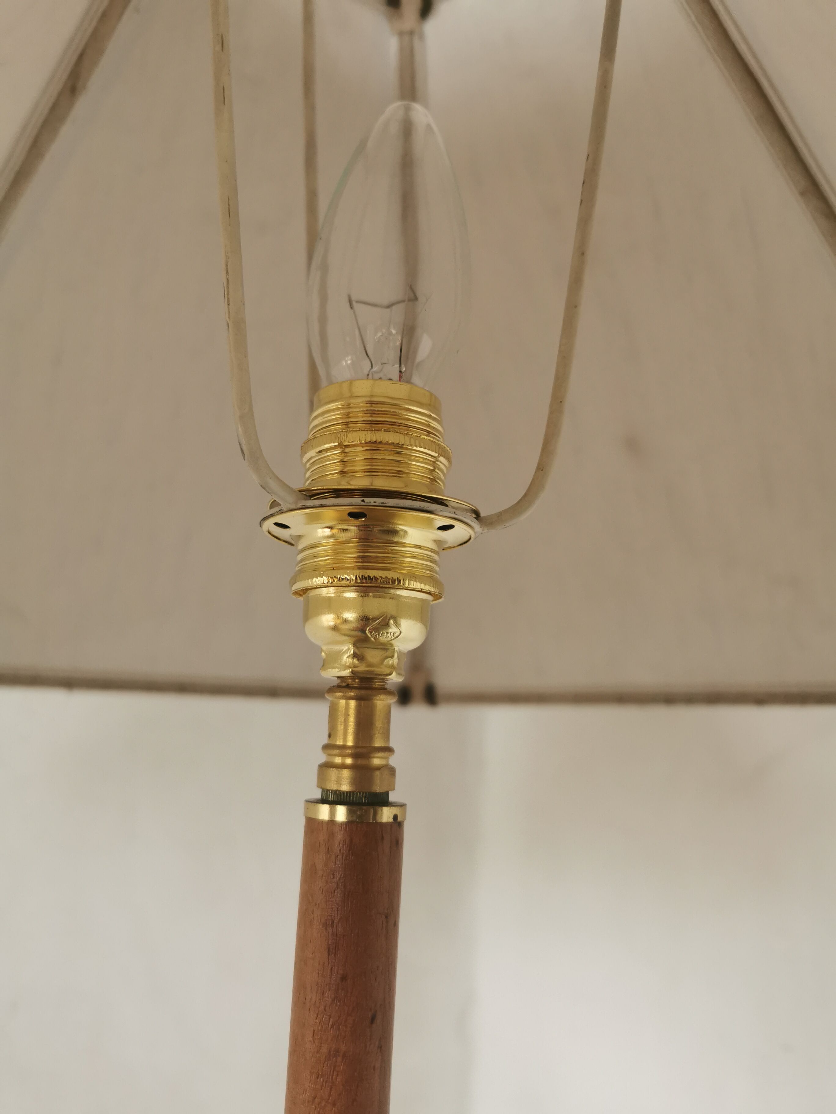 Scandinavian floor lamp 1960, wood and brass