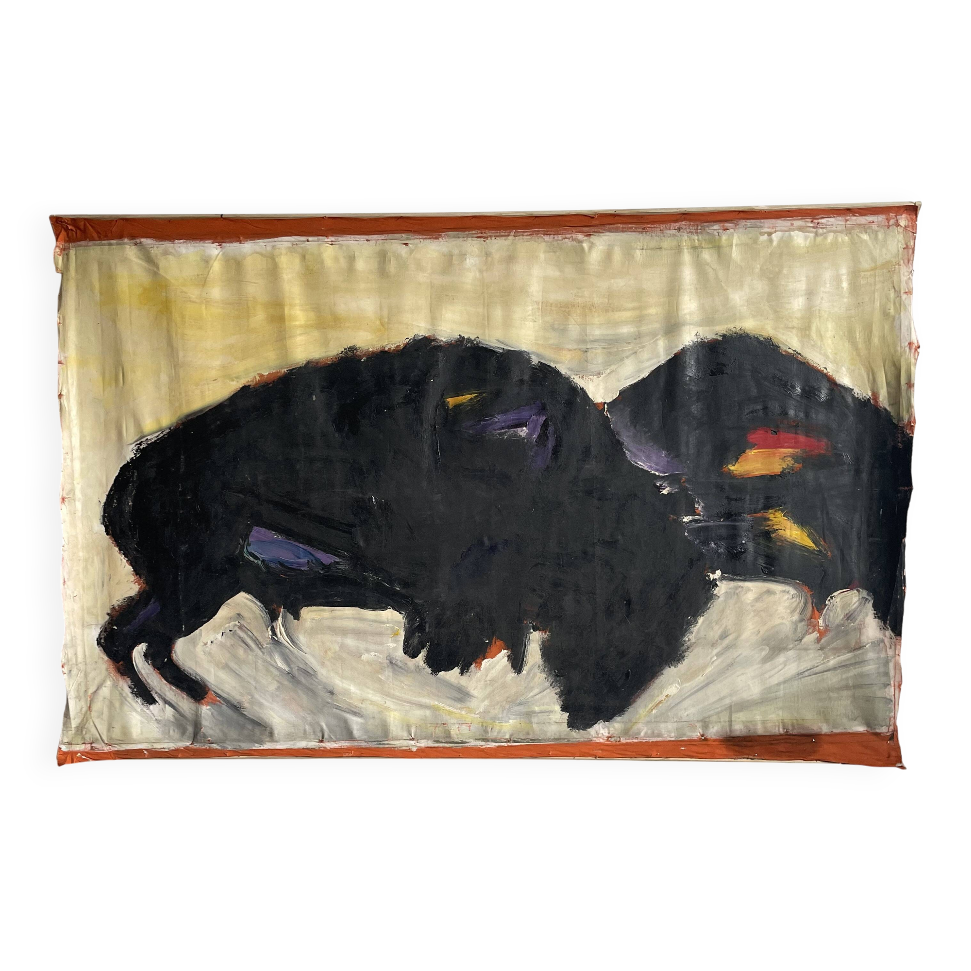 Large Acrylic Painting on Jute, 150 x 250 cm, unframed, ca 1980s