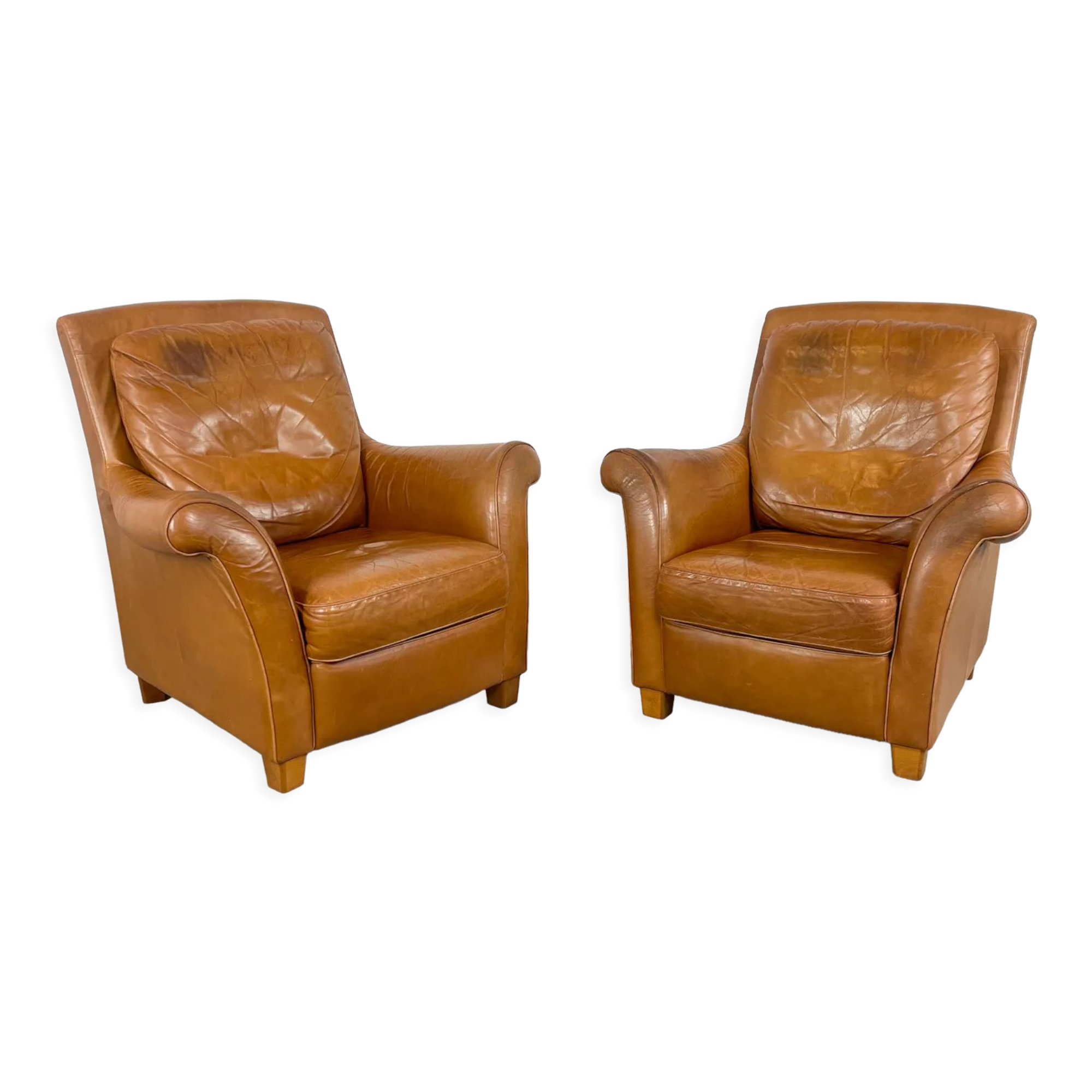Ensemble de deux fauteuils vintage en cuir de cognac Amsterdam