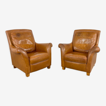 Ensemble de deux fauteuils vintage en cuir de cognac Amsterdam