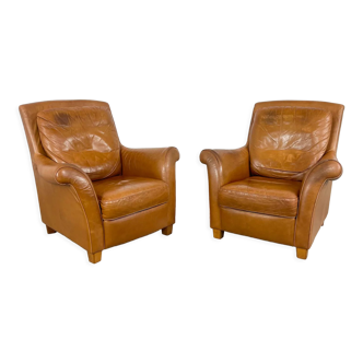 Ensemble de deux fauteuils vintage en cuir de cognac Amsterdam