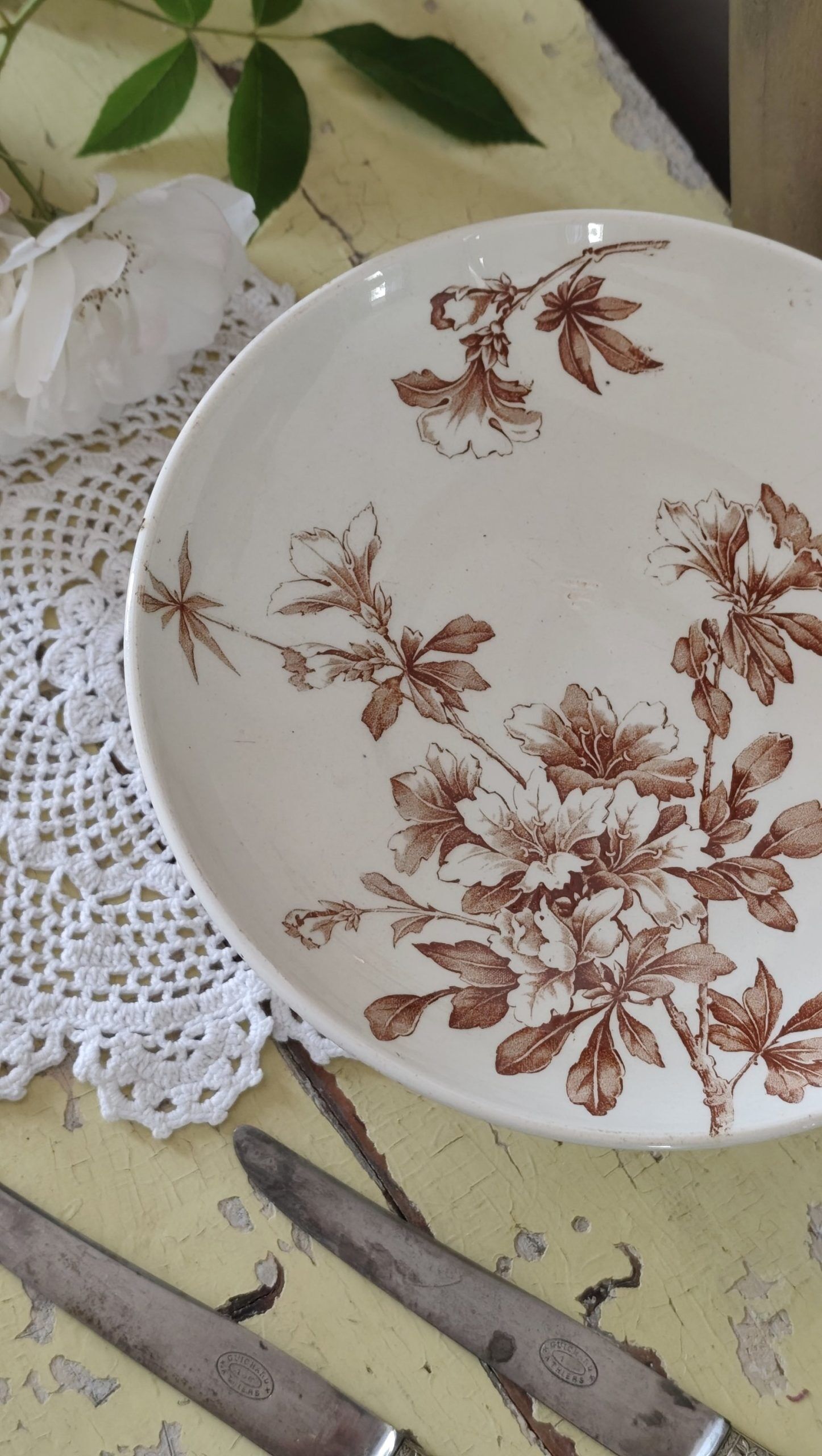 Old ironstone compote in sepia colour.