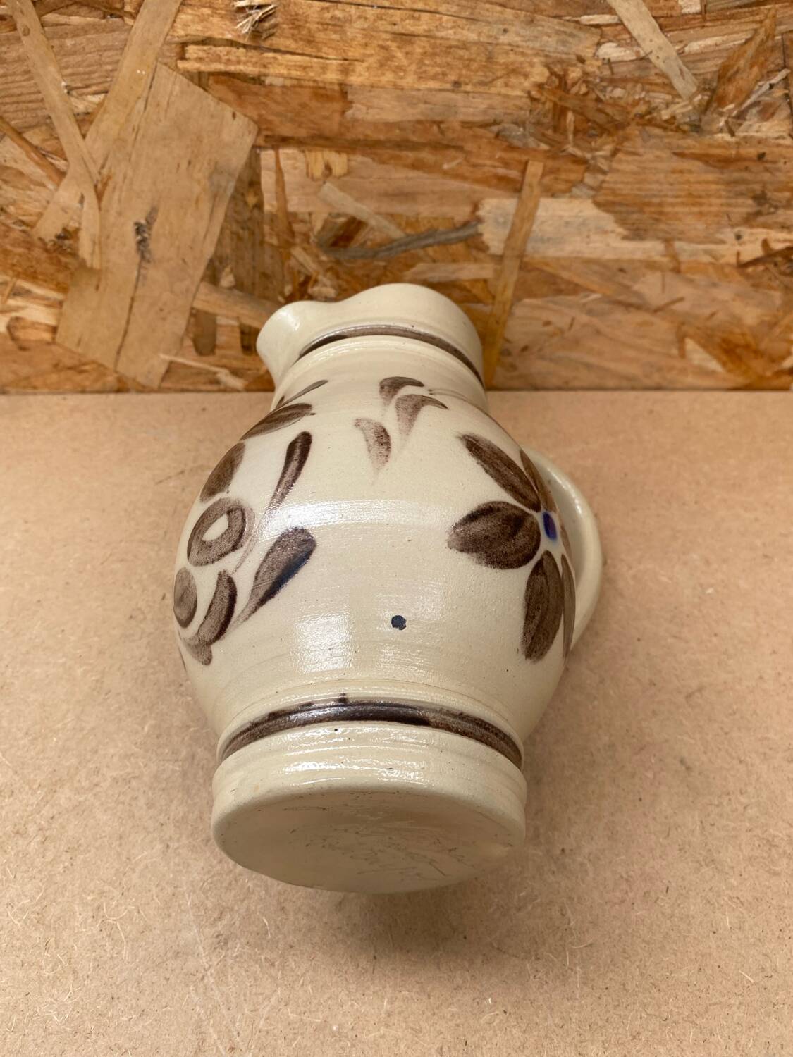 Old pitcher betschsorf stoneware beige deco flowers brown blue vintage